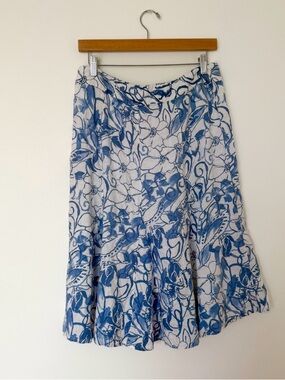 Linen Blue and White Funky Print Floral Midi Skirt